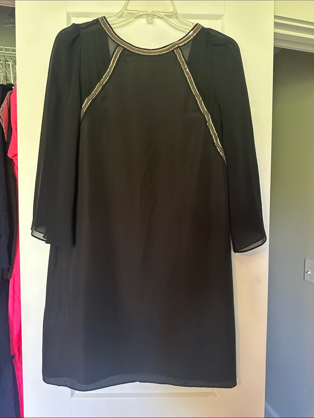 BCBGeneration Black Shift Dress with Gold Beaded Trim
